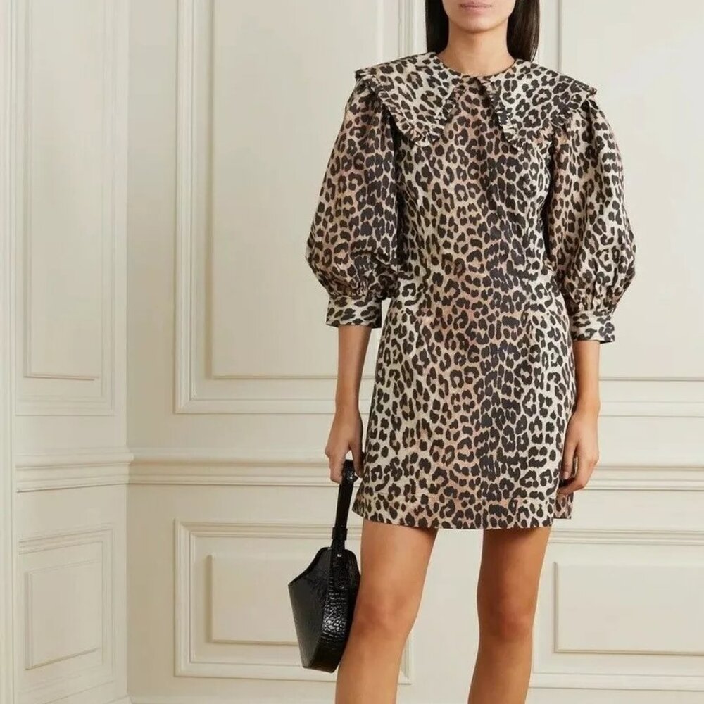 GANNI Leopard Print Cotton Poplin Mini Dress